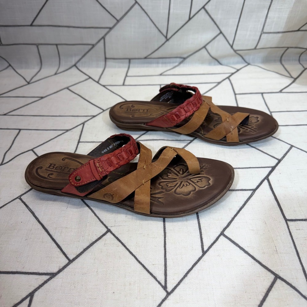 Born Leather Slide Sandals Size 9 Brown Red Braided Strappy Flat D28116 - Picture 2 of 8